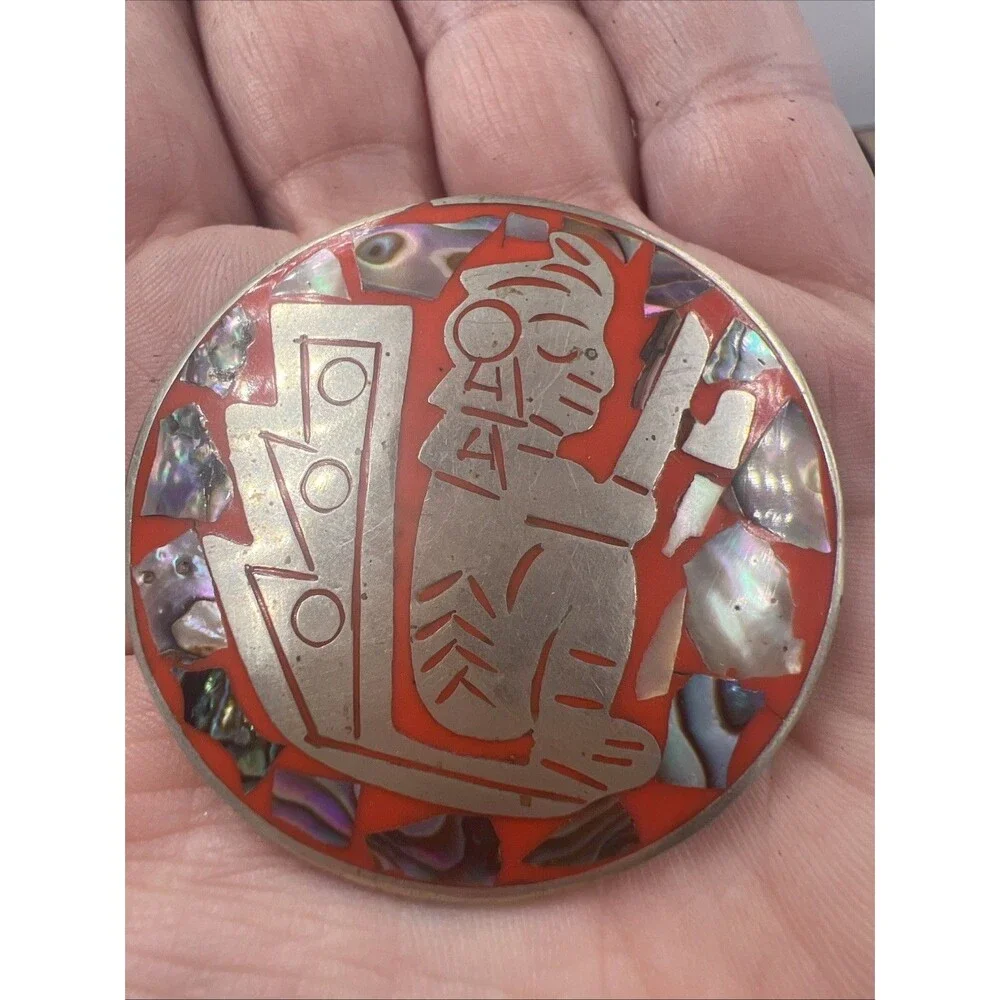Vintage Brooch Hecho En Mexico Alpaca Pin Pendant Abalone Orange Geometric Shell